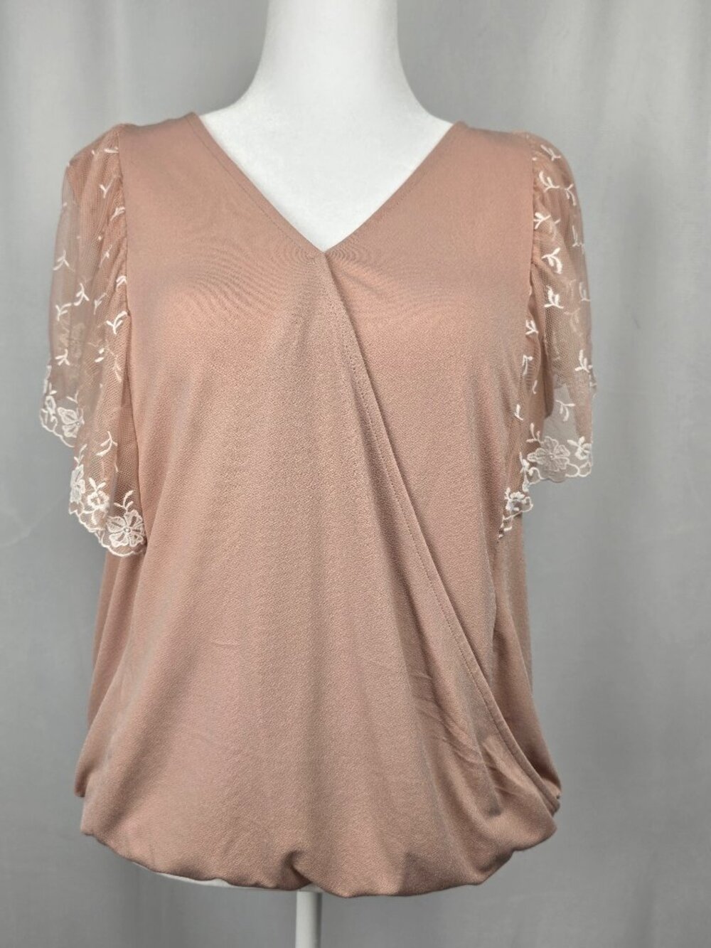 Adrienne Vittadini Romantic Blush Faux-Wrap Top with Lace Mesh Sleeves XL